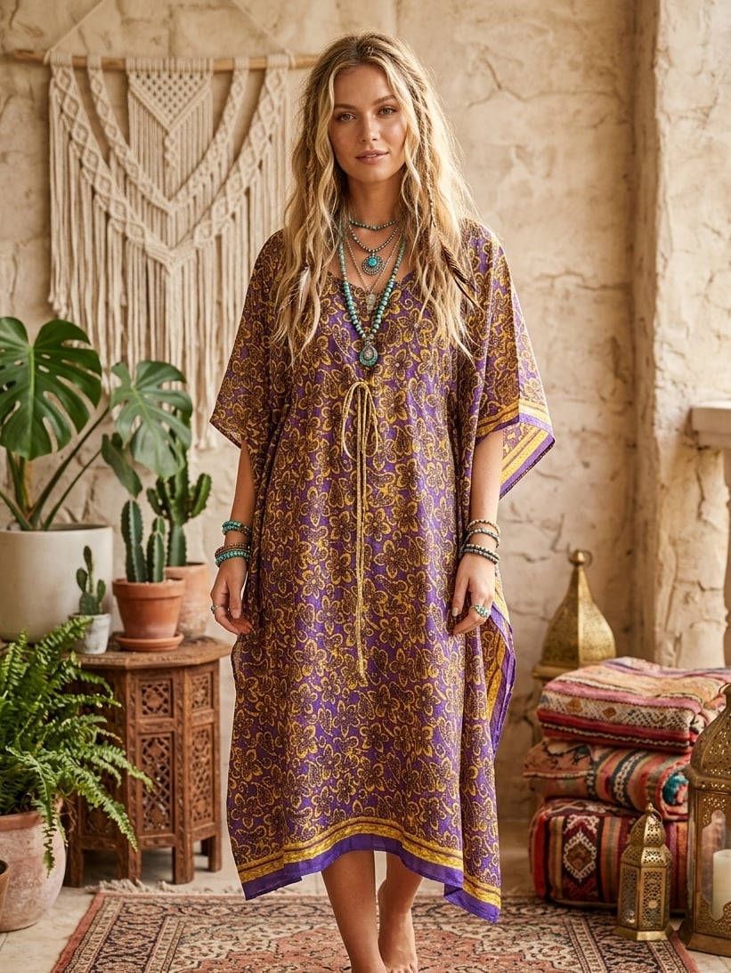 Purple yellow printed kaftan dress Purple yellow printed kaftan dress — Boho Dresses