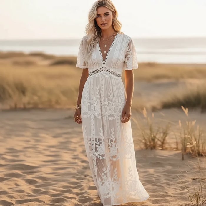 White short-sleeve lace a-line dress White short-sleeve lace a-line dress — Boho Dresses
