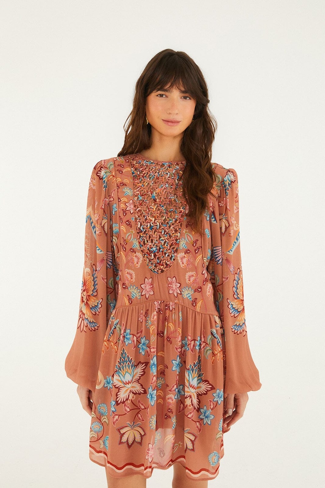 Mocha floral print dress with embroidered neckline Mocha floral print dress with embroidered neckline — Boho Dresses