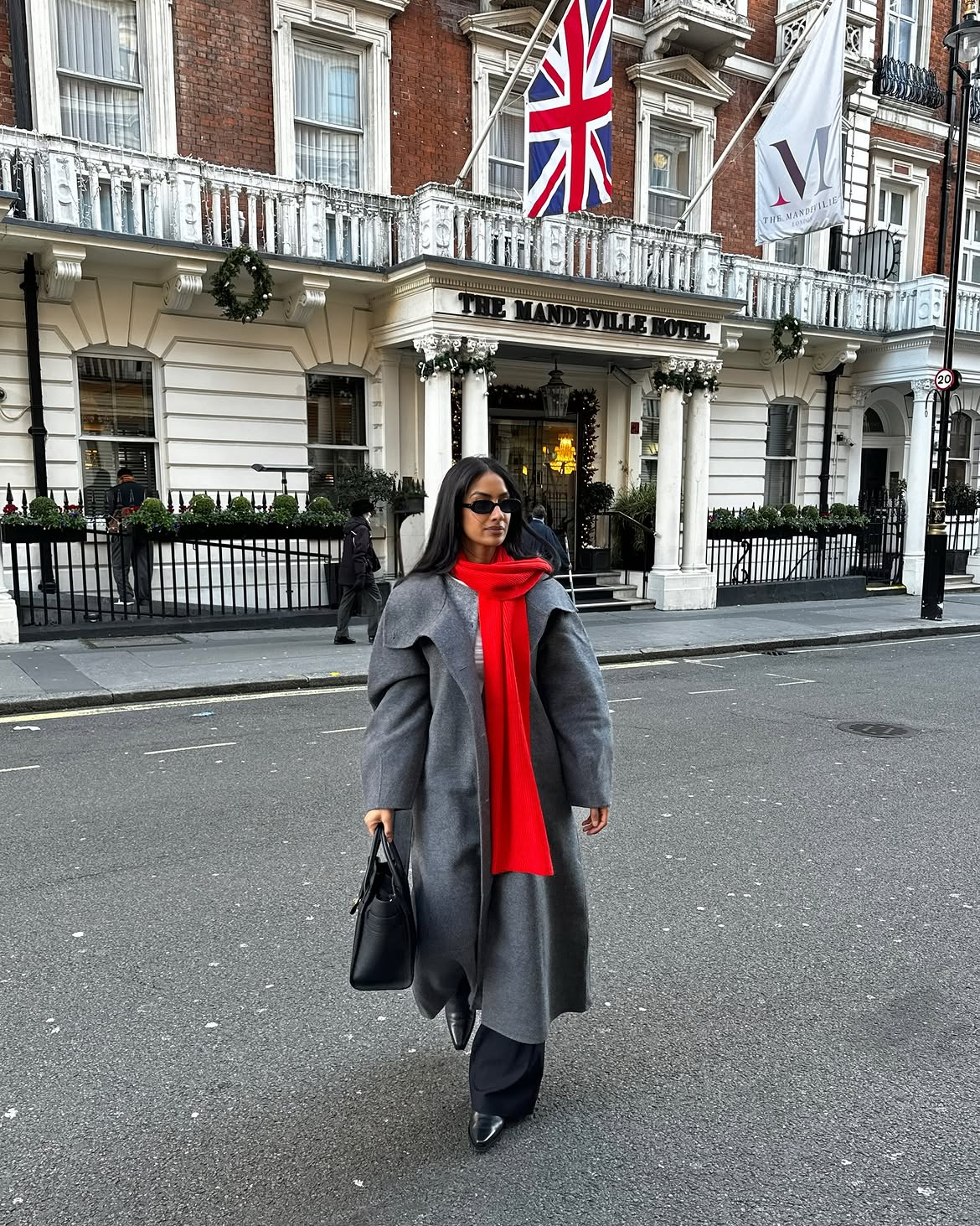 Bold Red Scarf With Grey Coat Outfit