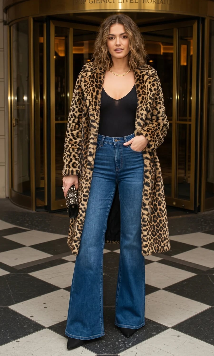 Medium blue bootcut jeans with a leopard print coat and black top Medium blue bootcut jeans with a leopard print coat and black top — Bootcut Jeans Outfits