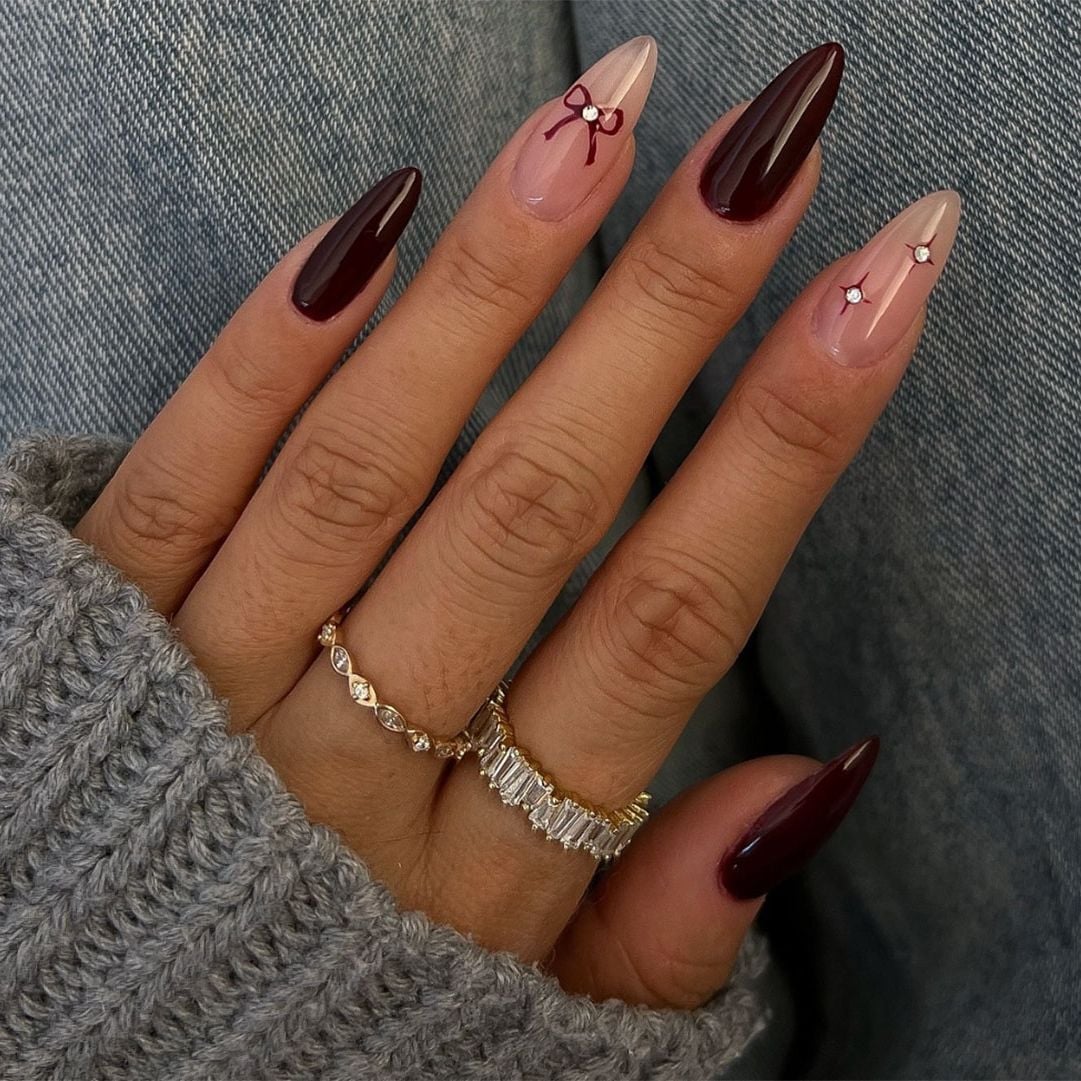 Sheer Pink White French Medium Almond Nails With Red Bows Sheer Pink White French Medium Almond Nails With Red Bows — Bow Nails