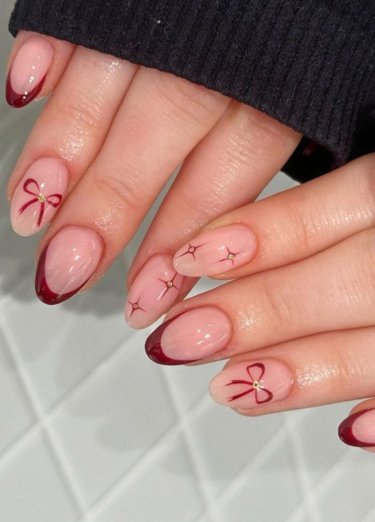 Sheer Nude White French Oval Nails With Black Bows Sheer Nude White French Oval Nails With Black Bows — Bow Nails