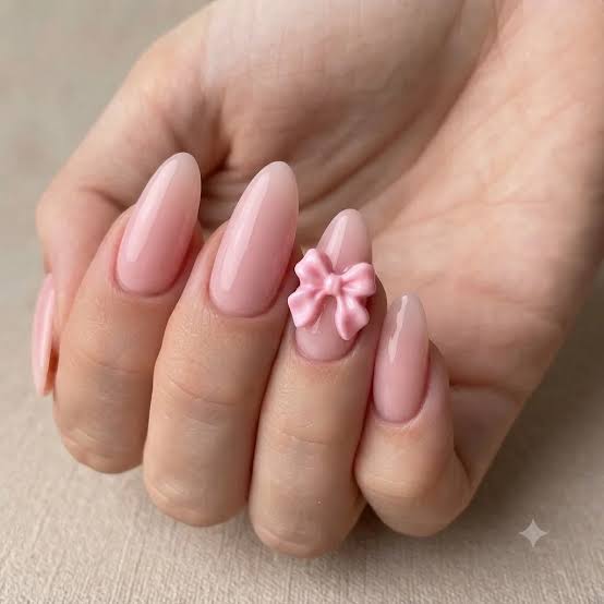 Soft Pink Medium Almond Nails With Pink 3D Bow Soft Pink Medium Almond Nails With Pink 3D Bow — Bow Nails