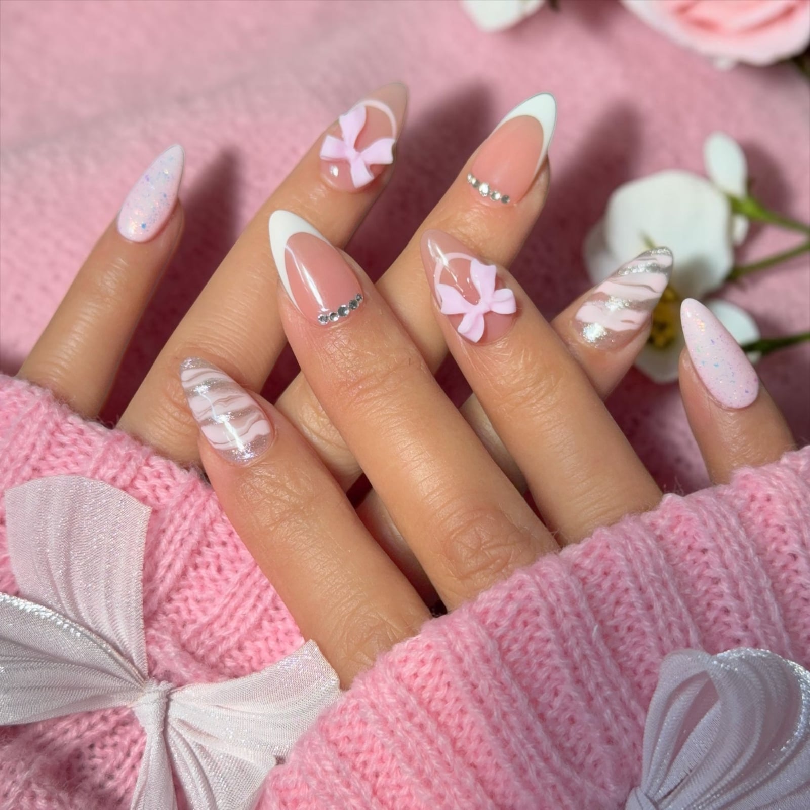 Pink Nude Medium Almond Nails With 3D Bows and Rhinestones Pink Nude Medium Almond Nails With 3D Bows and Rhinestones — Bow Nails