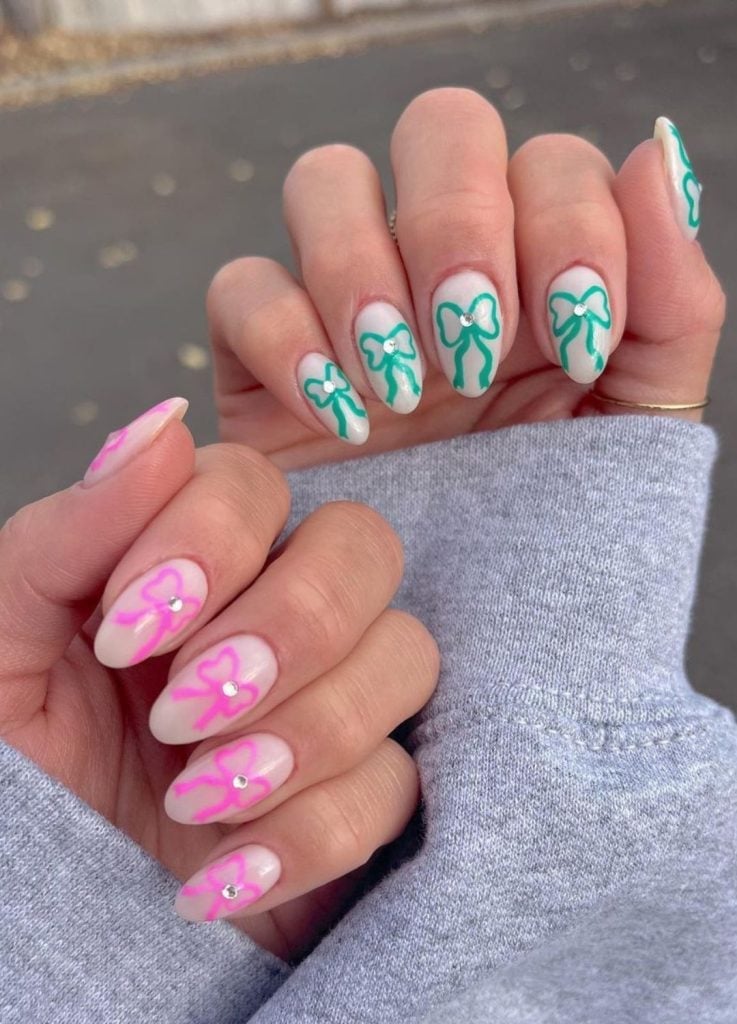White Green Bow Nails With Rhinestones And Pink Bow Nails White Green Bow Nails With Rhinestones And Pink Bow Nails