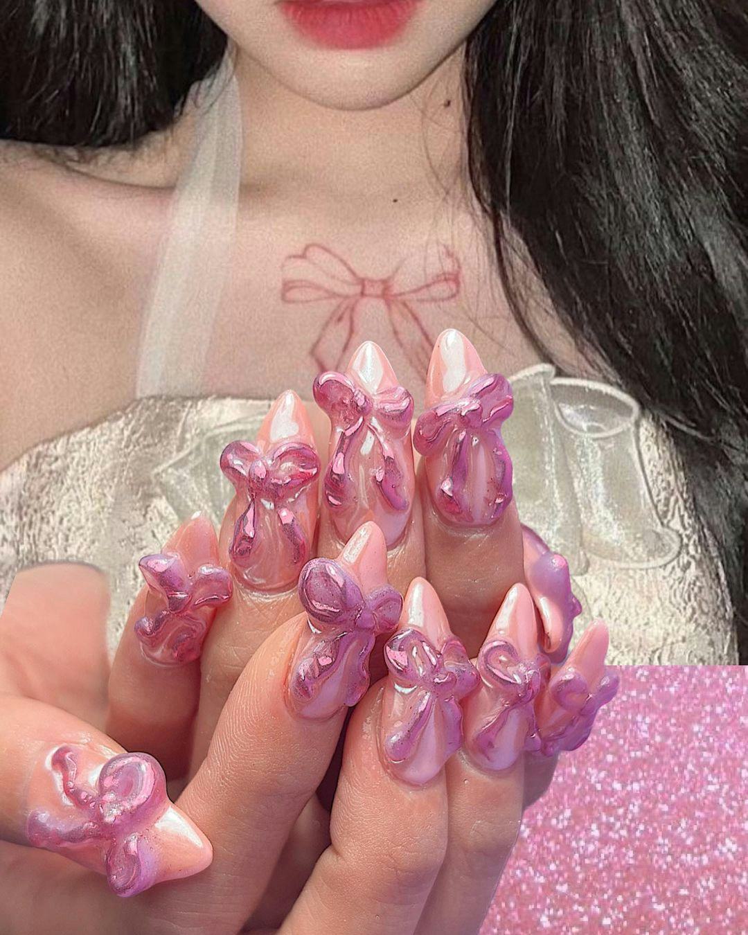 Pearlescent Pink Medium Almond Nails With 3D Bows, нежно-розовый Pearlescent Pink Medium Almond Nails With 3D Bows, нежно-розовый — Bow Nails