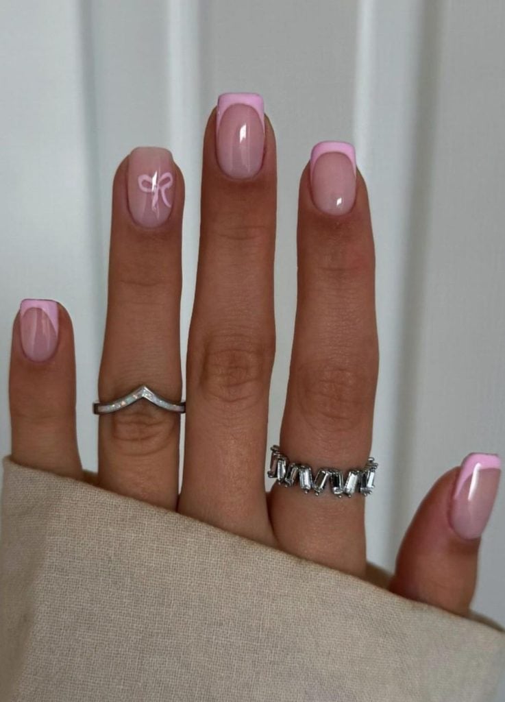Sheer Pink French Tip Square Nails With Pink Bow Sheer Pink French Tip Square Nails With Pink Bow — Bow Nails