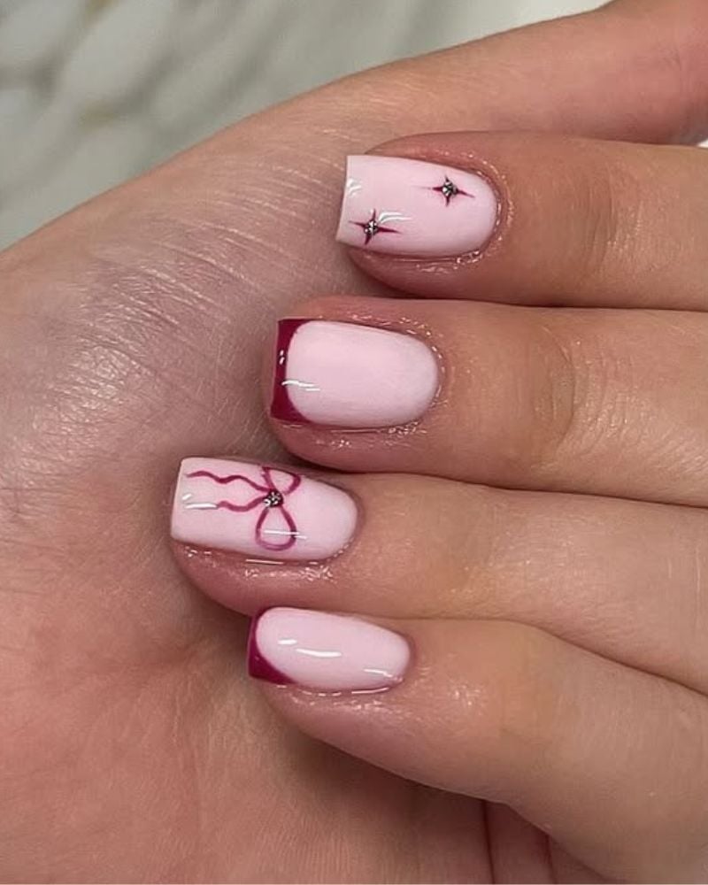 Pale Pink Dark Red French Tip Square Nails With Pink Bow Pale Pink Dark Red French Tip Square Nails With Pink Bow — Bow Nails