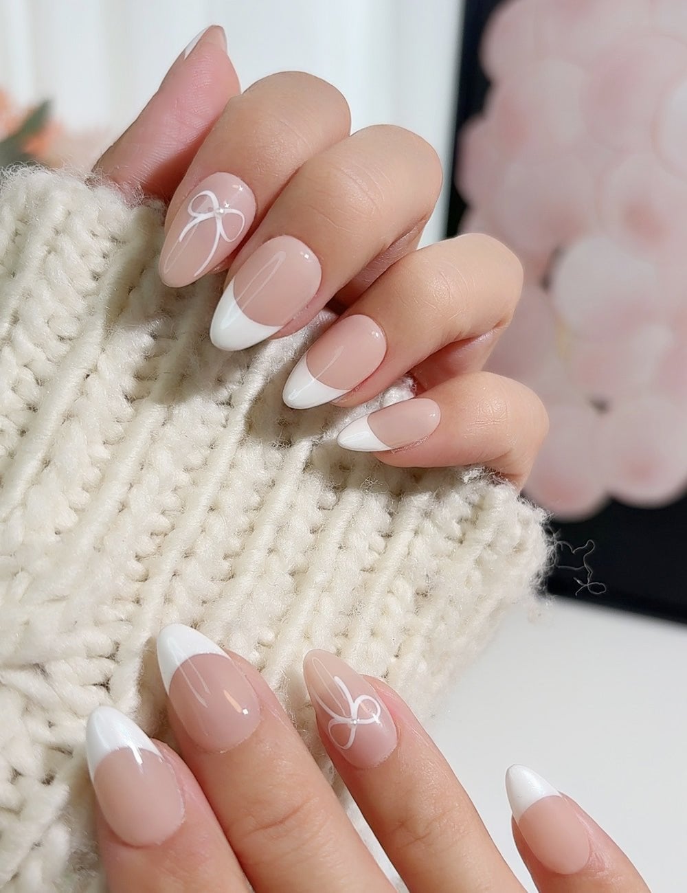 Nude French Tip Almond Nails With White Bow Outline Nude French Tip Almond Nails With White Bow Outline — Bow Nails