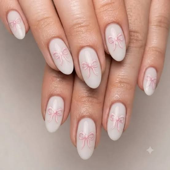 Milky White Short Oval Nails With Pastel Pink 3D Bows Milky White Short Oval Nails With Pastel Pink 3D Bows — Bow Nails