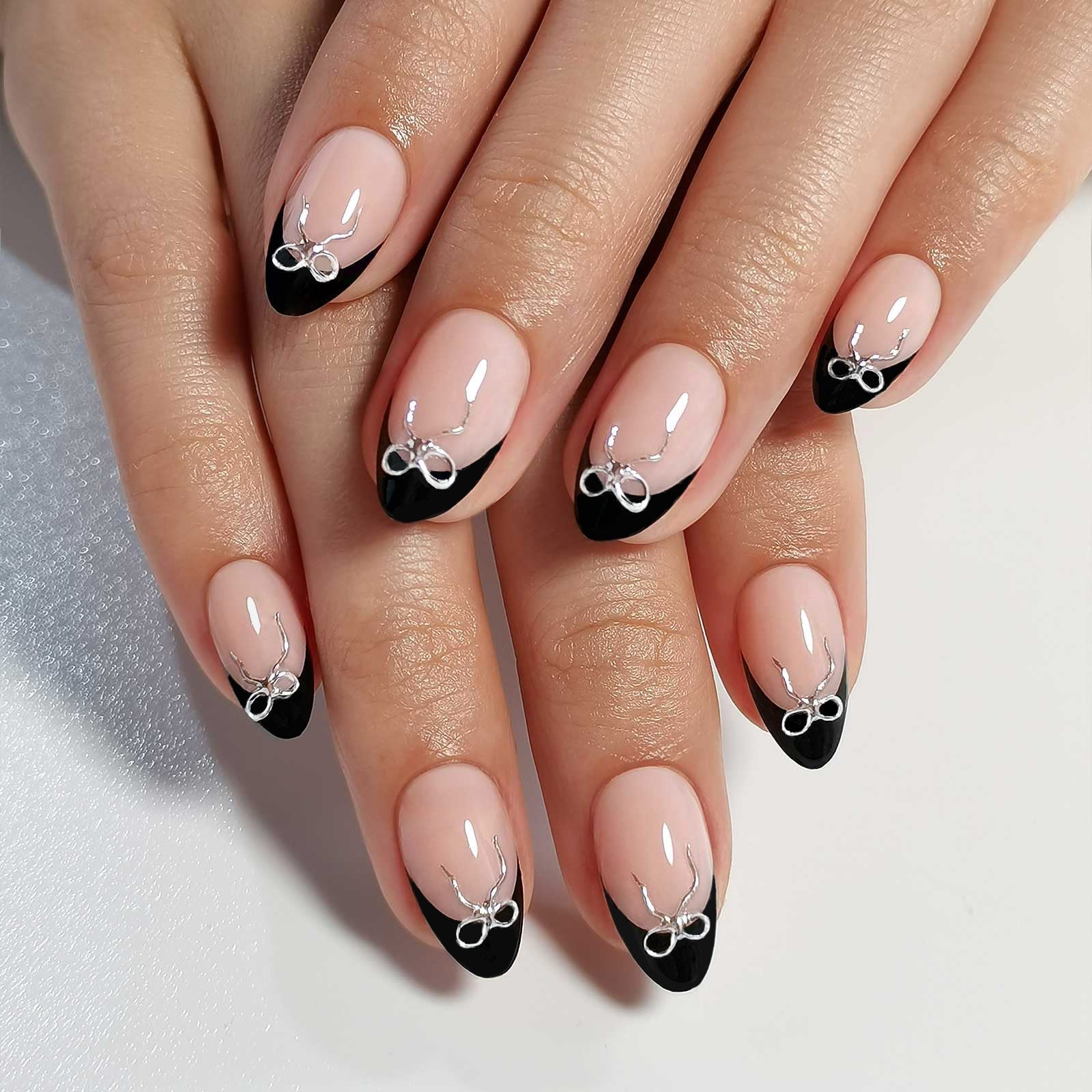Nude Short Oval French Nails With Silver Bow Accents Nude Short Oval French Nails With Silver Bow Accents — Bow Nails
