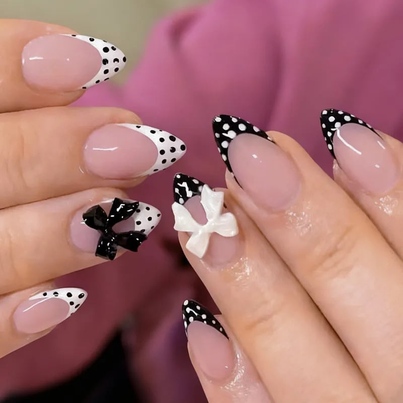 Nude Polka Dot French Medium Almond Nails With 3D Bows, миндаль Nude Polka Dot French Medium Almond Nails With 3D Bows, миндаль — Bow Nails