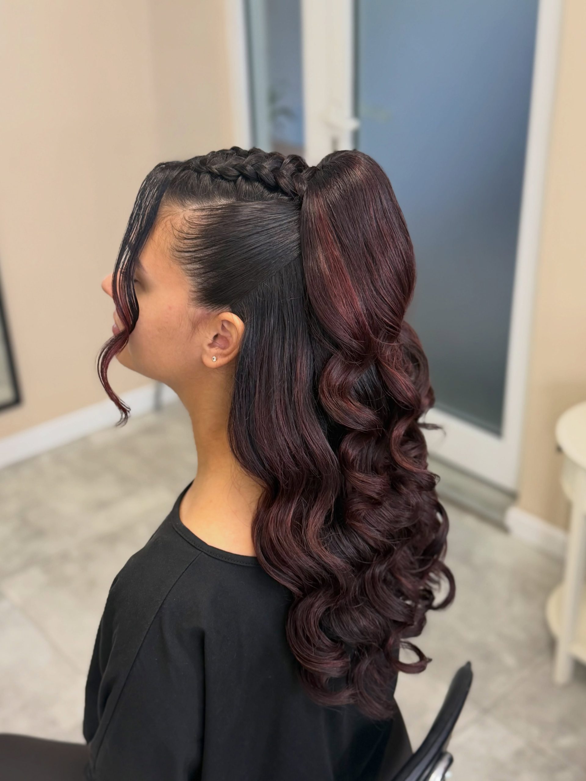 Braided Crown With Cascading Curls And Cherry Undertones