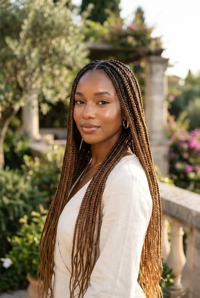 Mid-Back Medium Brown Box Braids With Highlights Mid-Back Medium Brown Box Braids With Highlights — Braids for Black Women