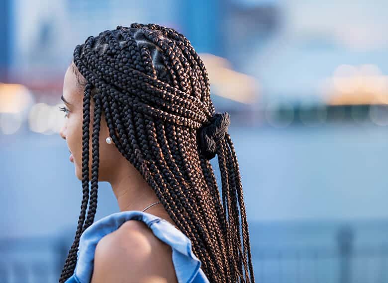 Mid-Back Dark Brown Afro-Textured Box Braids, Middle Mid-Back Dark Brown Afro-Textured Box Braids, Middle — Braids for Black Women