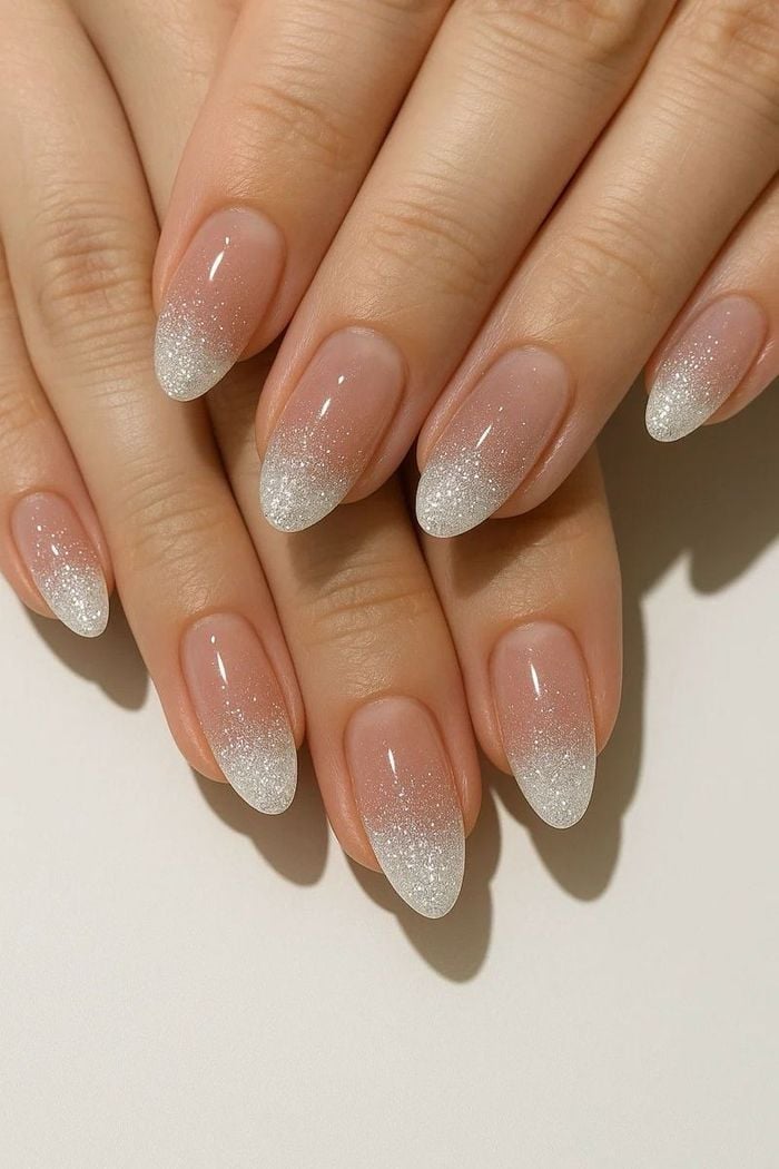 Medium Oval Silver Glitter Ombre Tip Nails Medium Oval Silver Glitter Ombre Tip Nails — Bridal Nails