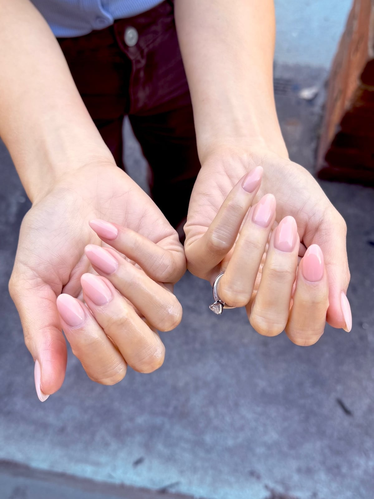 Short Almond Uniform Sheer Pink Glossy Nails Short Almond Uniform Sheer Pink Glossy Nails — Bridal Nails