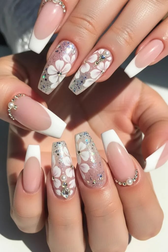 Long Coffin Pink Nude French Floral Pearl Accent Nails Long Coffin Pink Nude French Floral Pearl Accent Nails — Bridal Nails