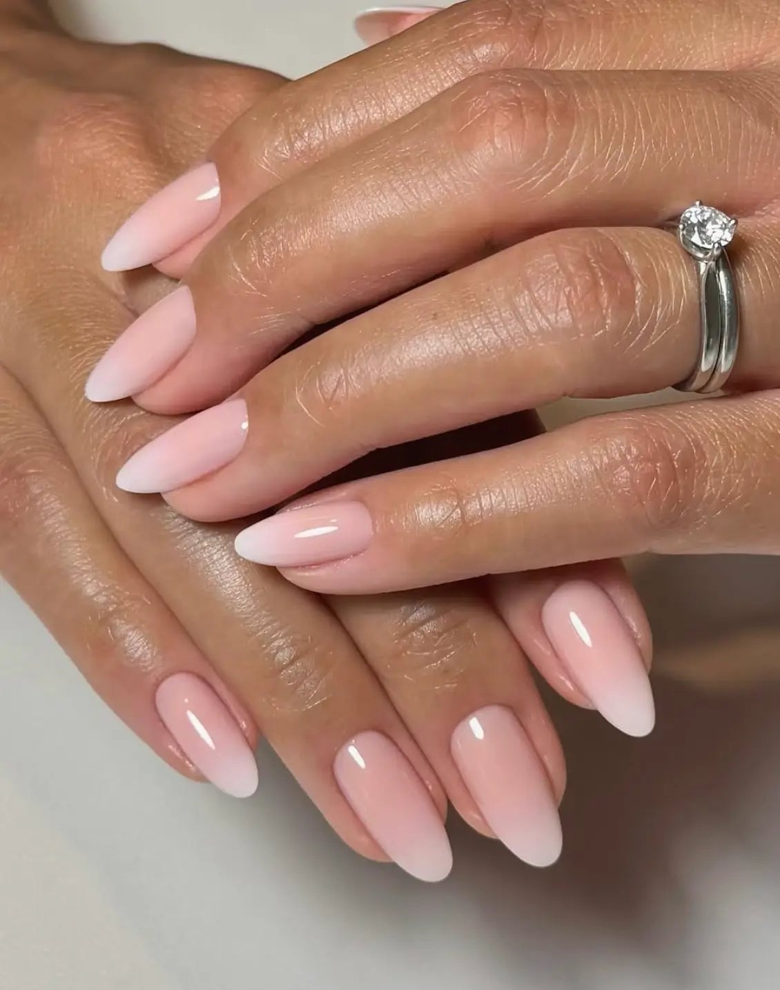 Medium Almond Pink Nude White Ombre Nails Medium Almond Pink Nude White Ombre Nails — Bridal Nails