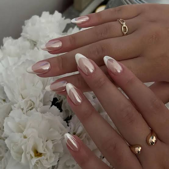 Medium Almond Chrome French Tip Nails Medium Almond Chrome French Tip Nails — Bridal Nails