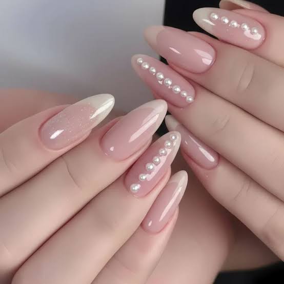 Medium Almond Pearl Cuticle Accent French Nails Medium Almond Pearl Cuticle Accent French Nails — Bridal Nails