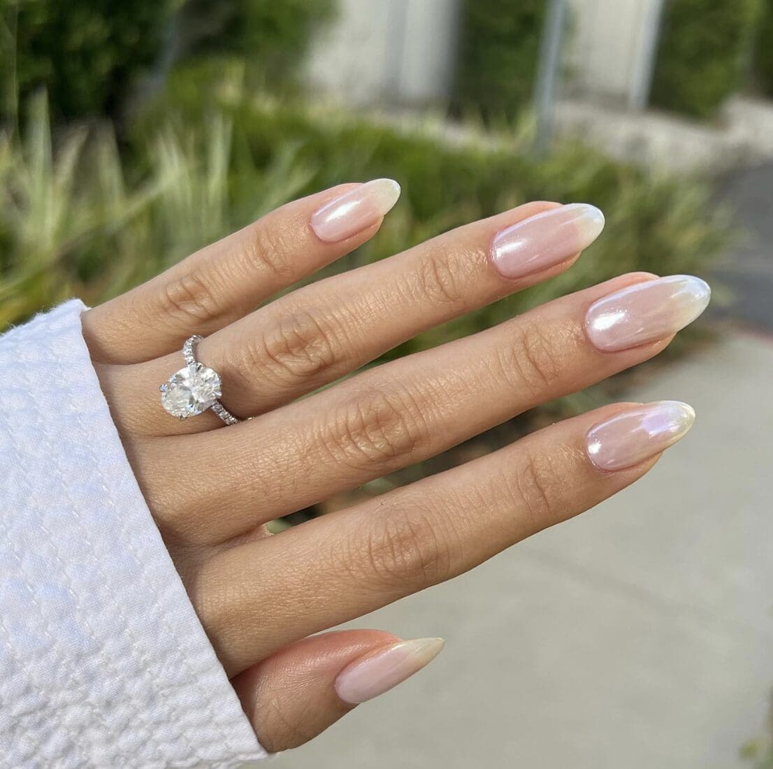 Medium Almond Pearlescent Sheer French Tip Nails Medium Almond Pearlescent Sheer French Tip Nails — Bridal Nails