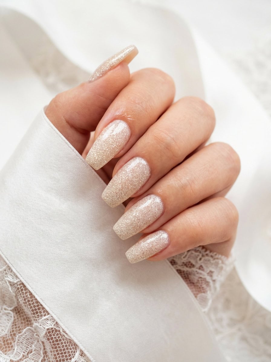 Long Coffin Light Beige Glitter Nails Long Coffin Light Beige Glitter Nails — Bridal Nails