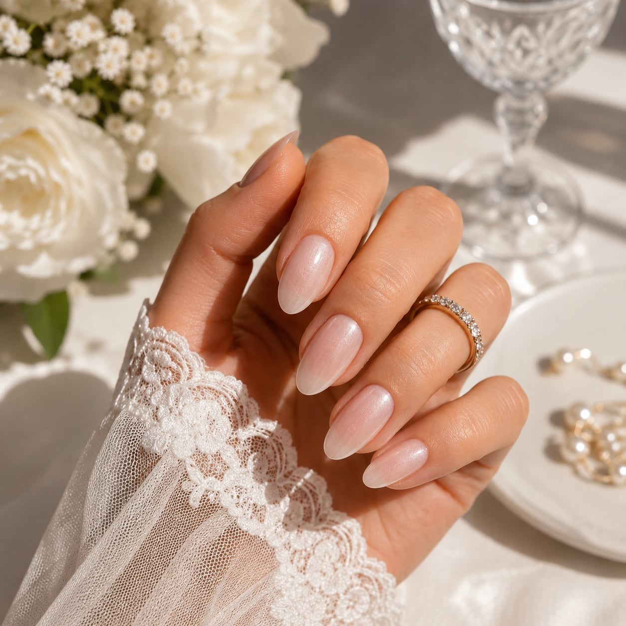 Medium Oval Milky Pink Shimmer Pearlescent Nails Medium Oval Milky Pink Shimmer Pearlescent Nails — Bridal Nails