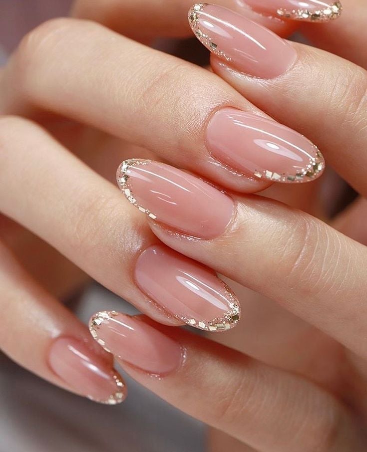 Medium Almond Gold Foil French Accent Nails Medium Almond Gold Foil French Accent Nails — Bride Nail