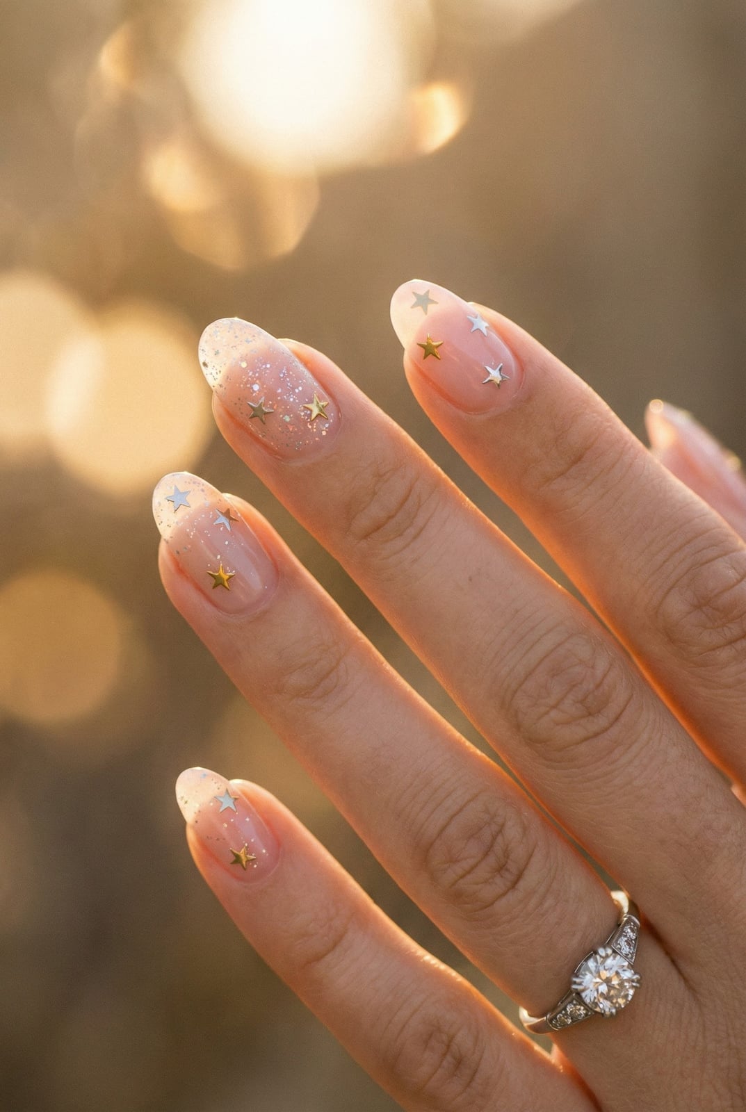 Medium Almond Sheer With Star Embellishments Medium Almond Sheer With Star Embellishments — Bride Nail