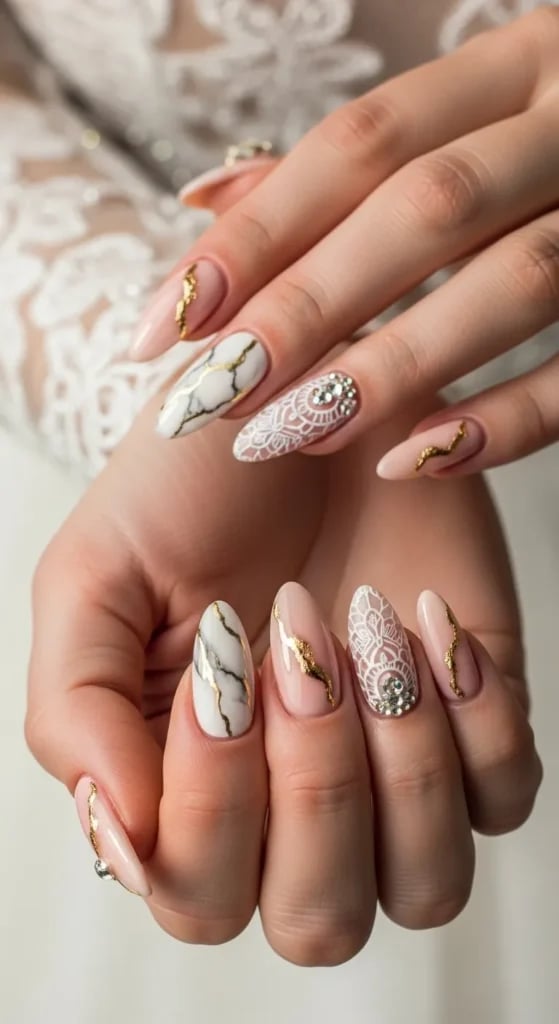 Medium Oval Lace Floral And Pearl Design Medium Oval Lace Floral And Pearl Design — Bride Nail
