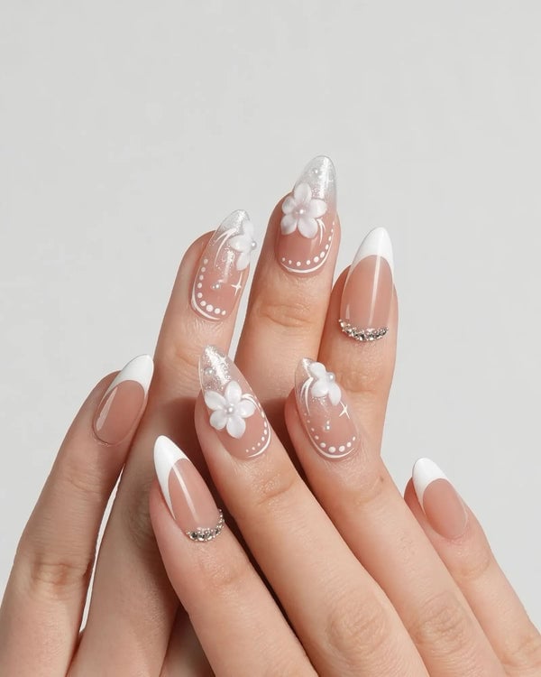 Medium Stiletto French With 3D Flowers Medium Stiletto French With 3D Flowers — Bride Nail