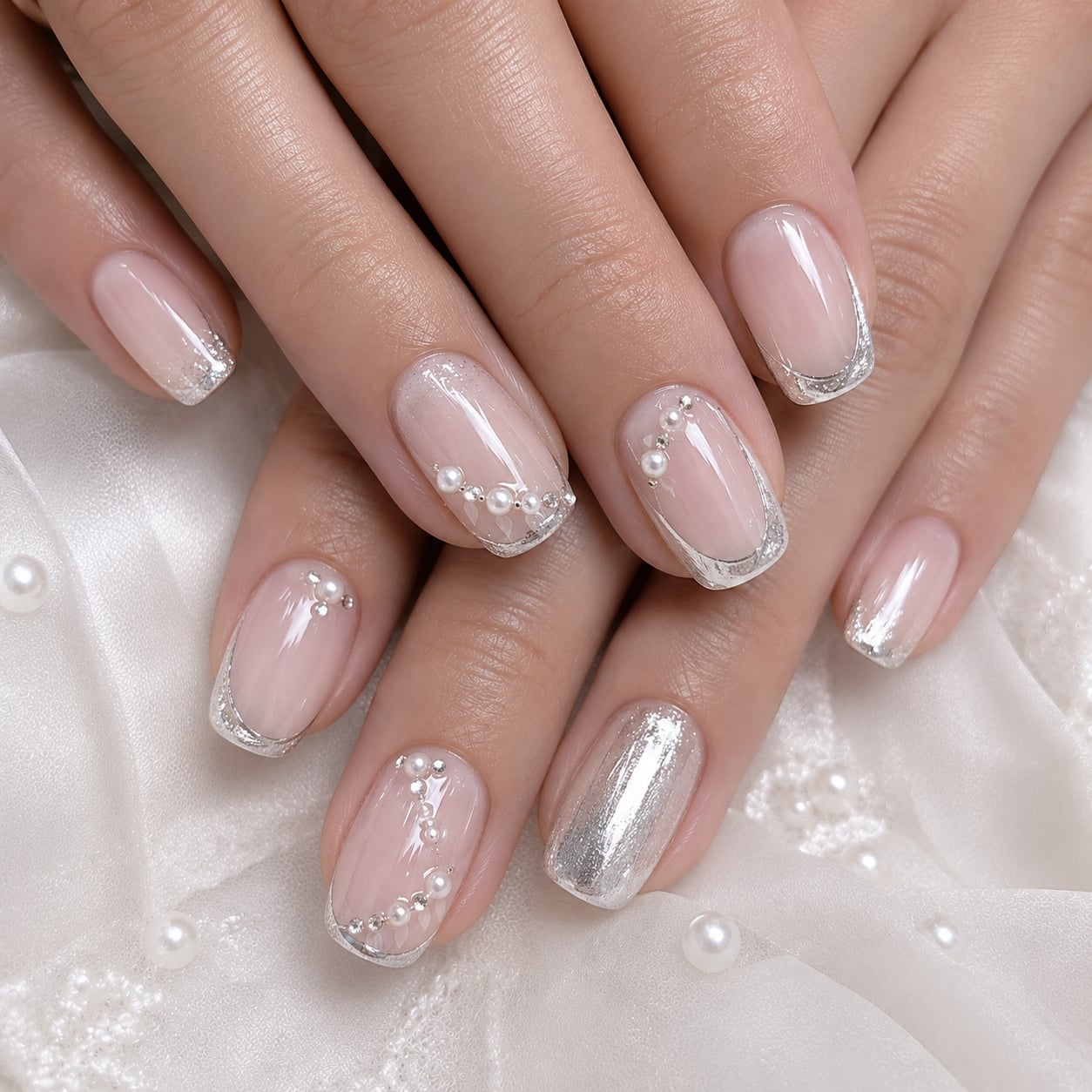 Short Oval With Silver French Tips And Pearls, Sheer Pink Short Oval With Silver French Tips And Pearls, Sheer Pink — Bride Nail