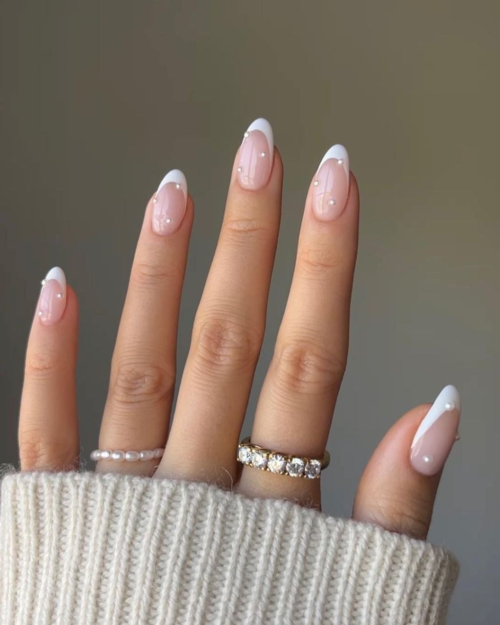 Medium Almond French With Pearl Accents Medium Almond French With Pearl Accents — Bride Nail