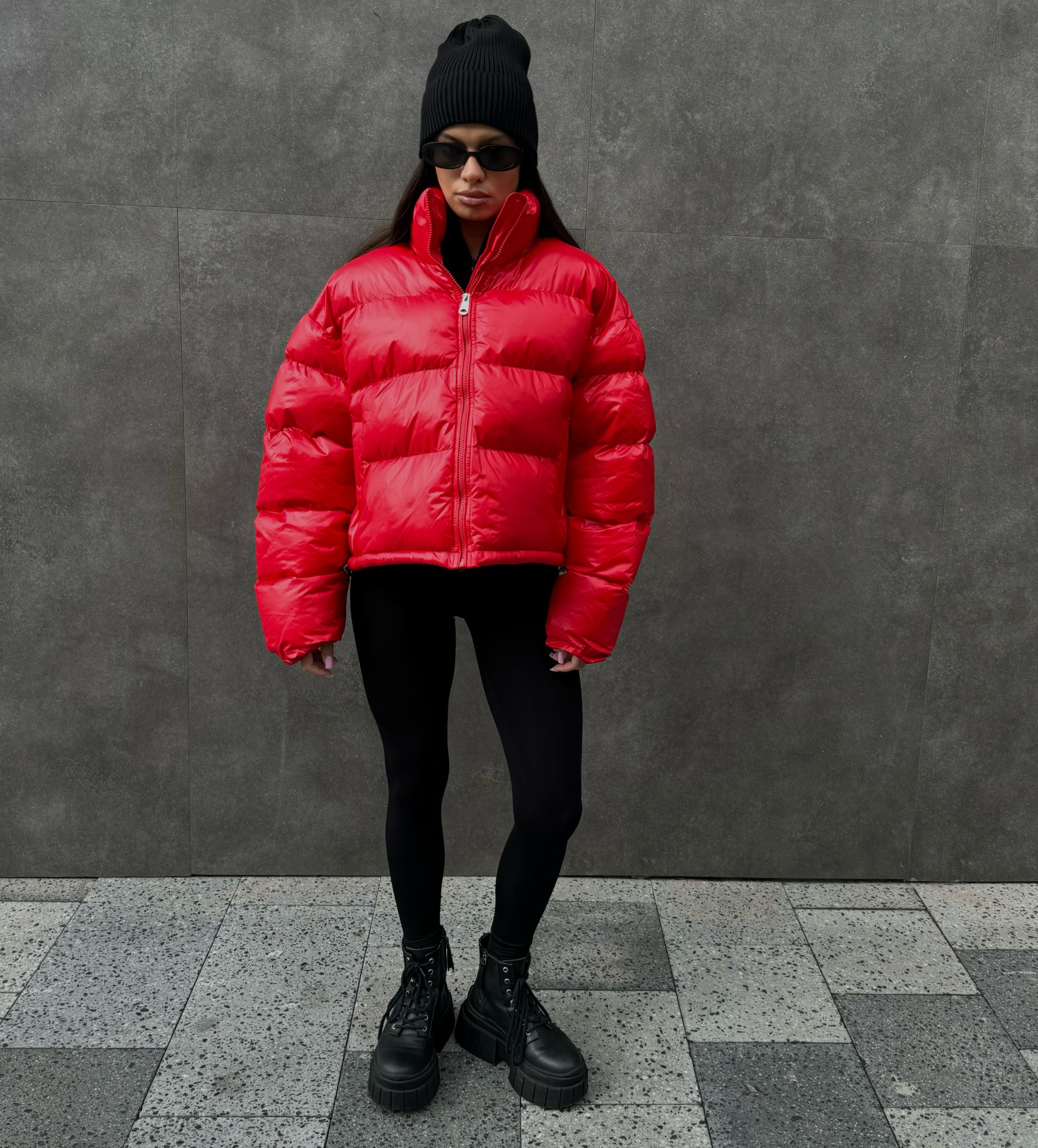 Bright Red Puffer With Black Leggings And Chunky Boots