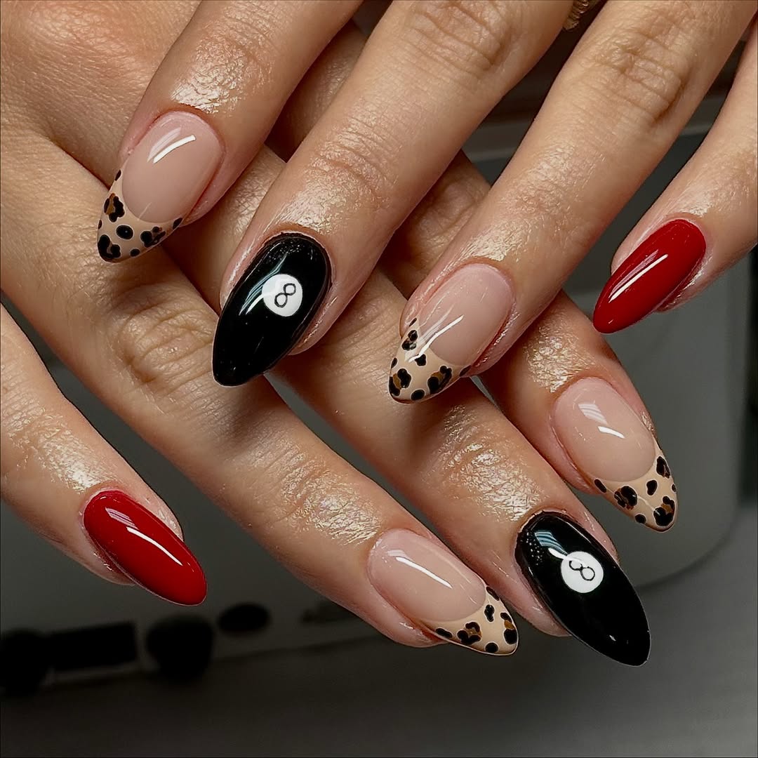 Almond Leopard Print French Tips and 8-Ball Decals Almond Leopard Print French Tips and 8-Ball Decals — Brown Almond Nails