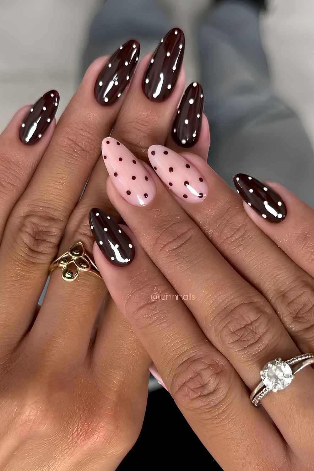 Medium Almond Brown and Pink Polka Dot Nails Medium Almond Brown and Pink Polka Dot Nails — Brown Almond Nails