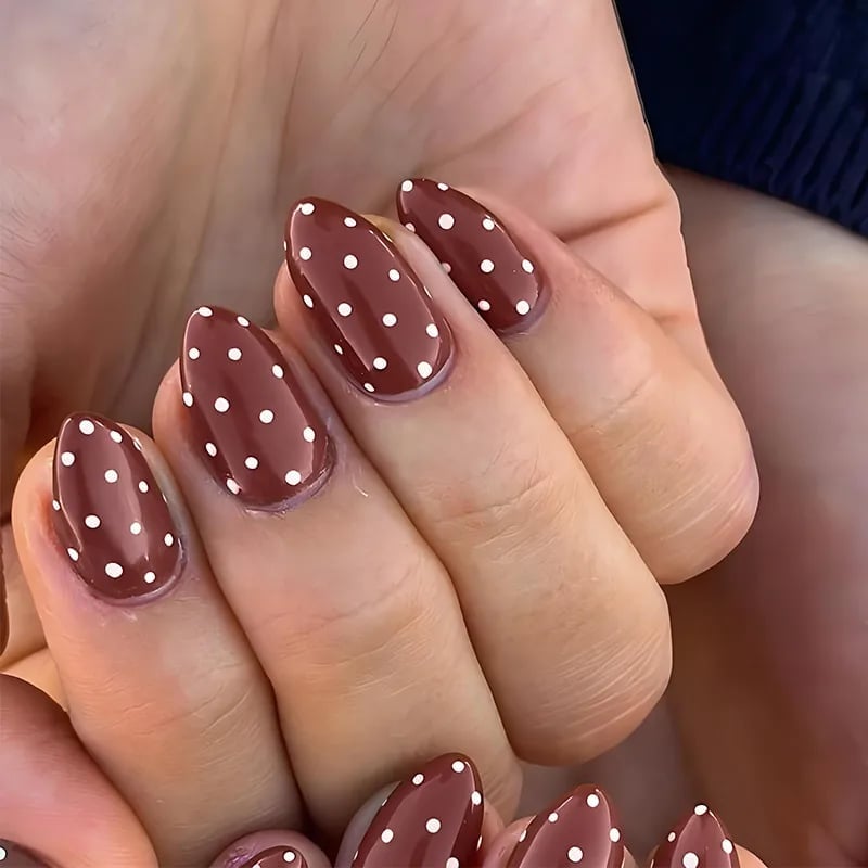 Short Almond Rich Brown White Polka Dot Nails Short Almond Rich Brown White Polka Dot Nails — Brown Almond Nails