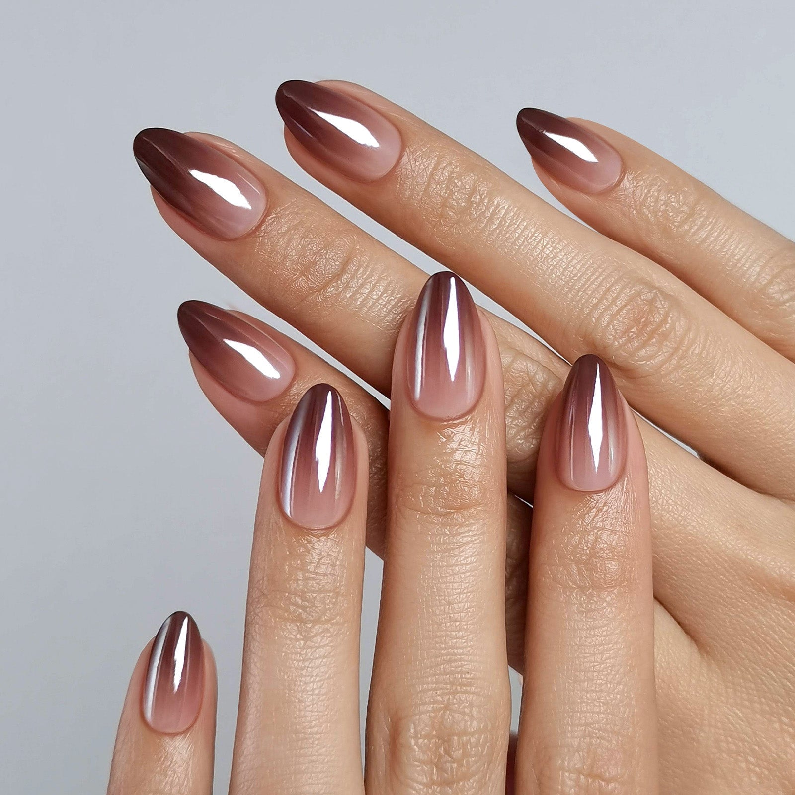 Glossy Brown to Nude Ombre Chrome Almond Nails Glossy Brown to Nude Ombre Chrome Almond Nails — Brown Almond Nails