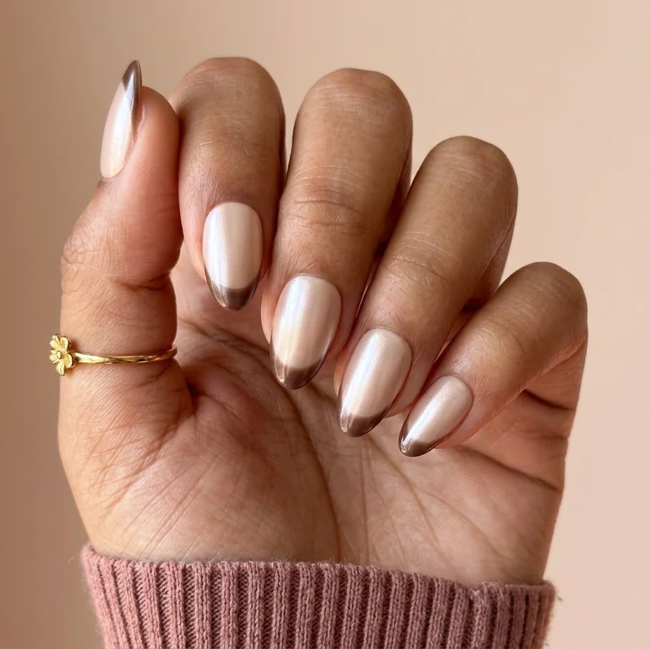 Medium Almond Metallic Brown French Tips Medium Almond Metallic Brown French Tips — Brown Almond Nails