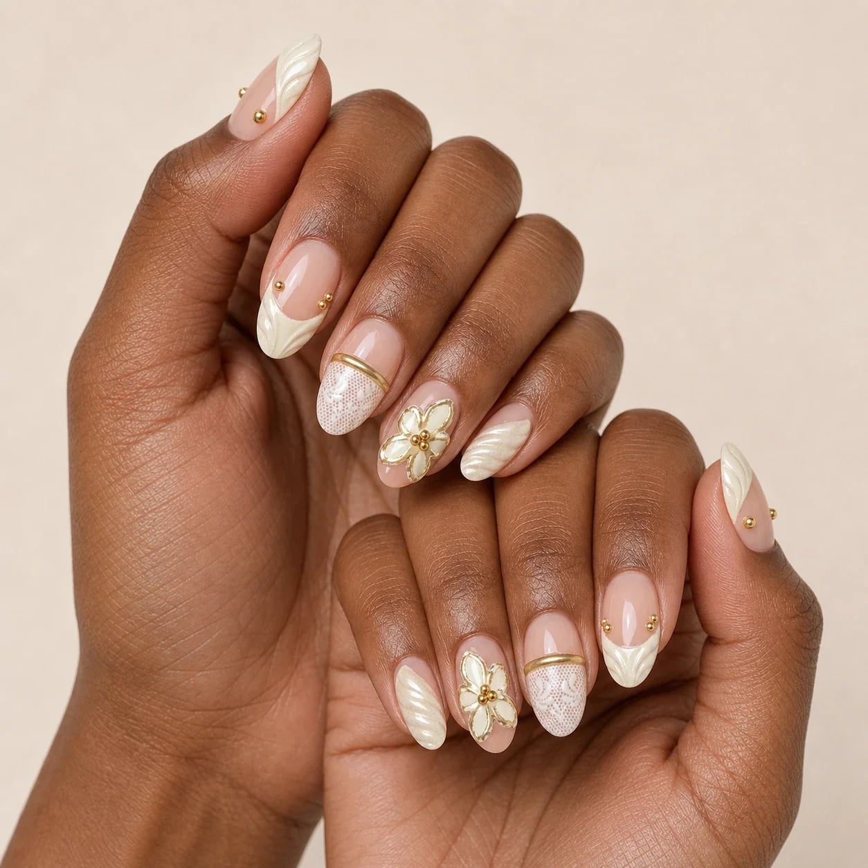Medium Almond 3D Floral Lace and Bead Designs Medium Almond 3D Floral Lace and Bead Designs — Brown Almond Nails