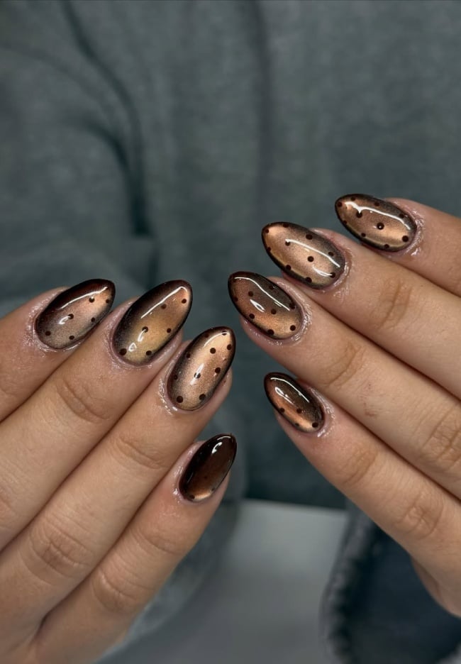 Long Almond Glossy Brown Swirls Marble Effect Long Almond Glossy Brown Swirls Marble Effect — Brown Almond Nails