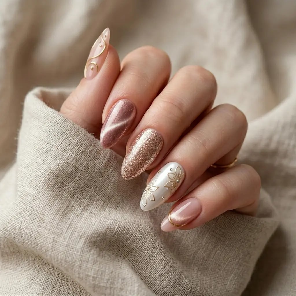 Medium Almond Milky Beige Gold Line Shimmer Nails Medium Almond Milky Beige Gold Line Shimmer Nails — Brown Almond Nails