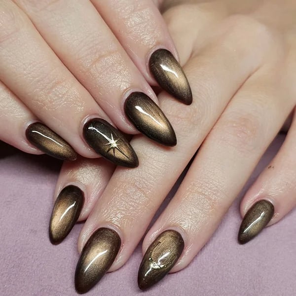Medium Almond Cat-Eye Star Design Nails Medium Almond Cat-Eye Star Design Nails — Brown Almond Nails