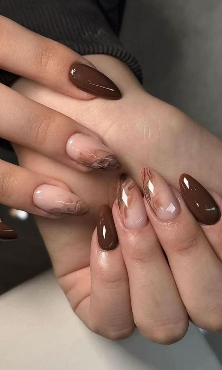 Long Almond Brown Swirl Marble Effect Nails Long Almond Brown Swirl Marble Effect Nails — Brown Almond Nails