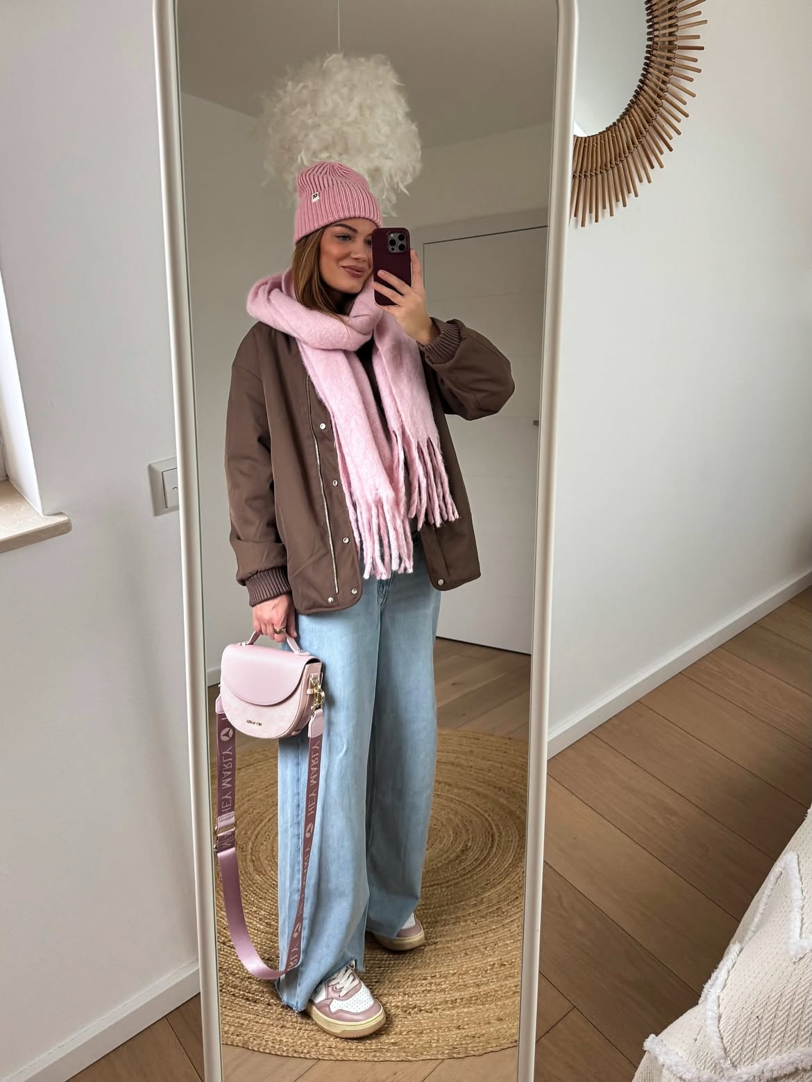 Brown Bomber Jacket With Light Wash Wide Leg Jeans