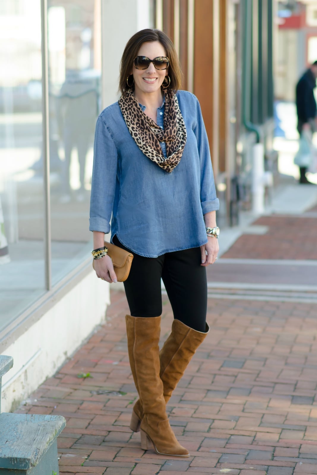 Brown suede knee-high boots with black pants and denim shirt Brown suede knee-high boots with black pants and denim shirt — Brown Boots Outfit