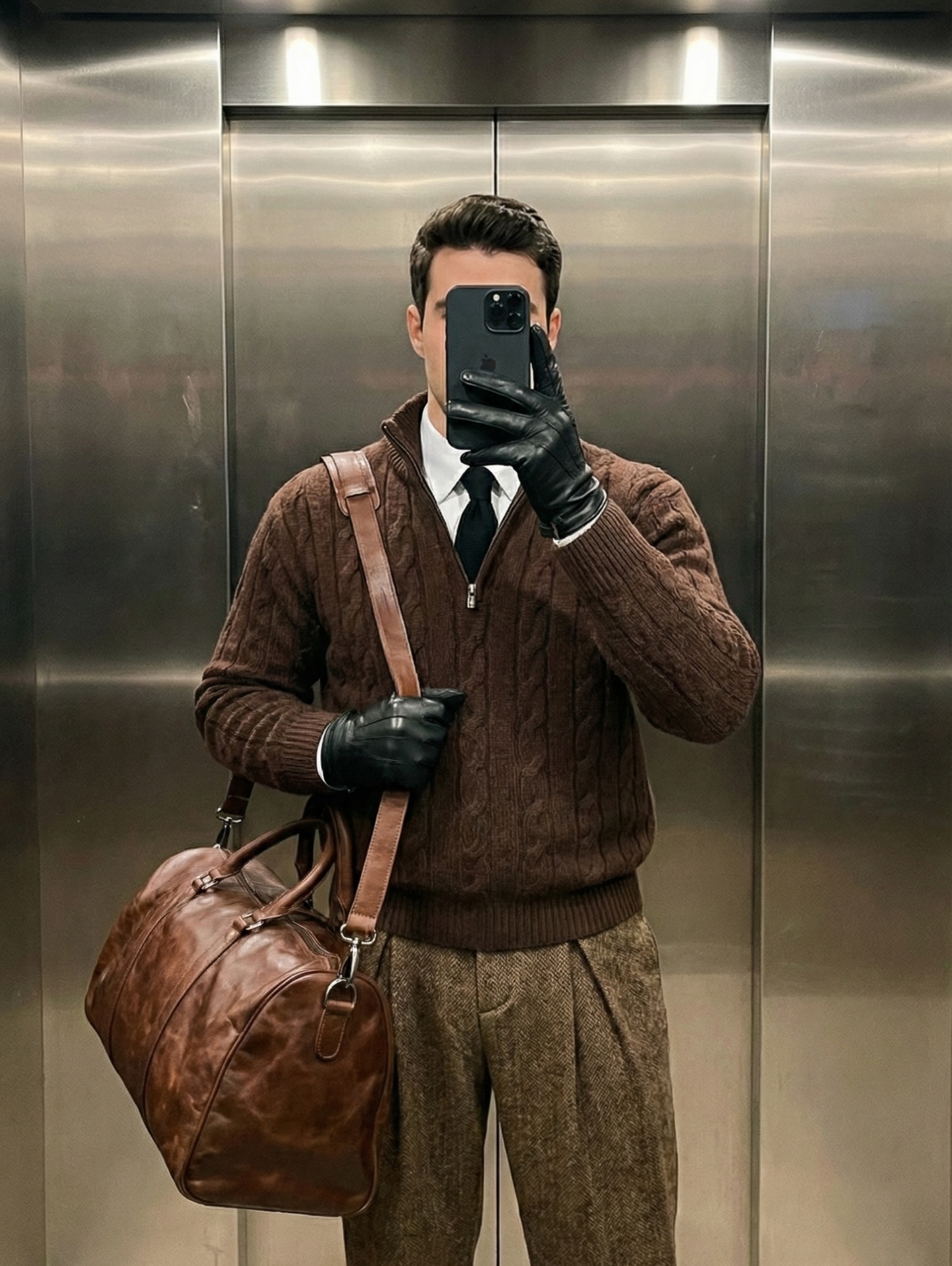 Brown Cable Knit Quarter Zip With Tweed Trousers