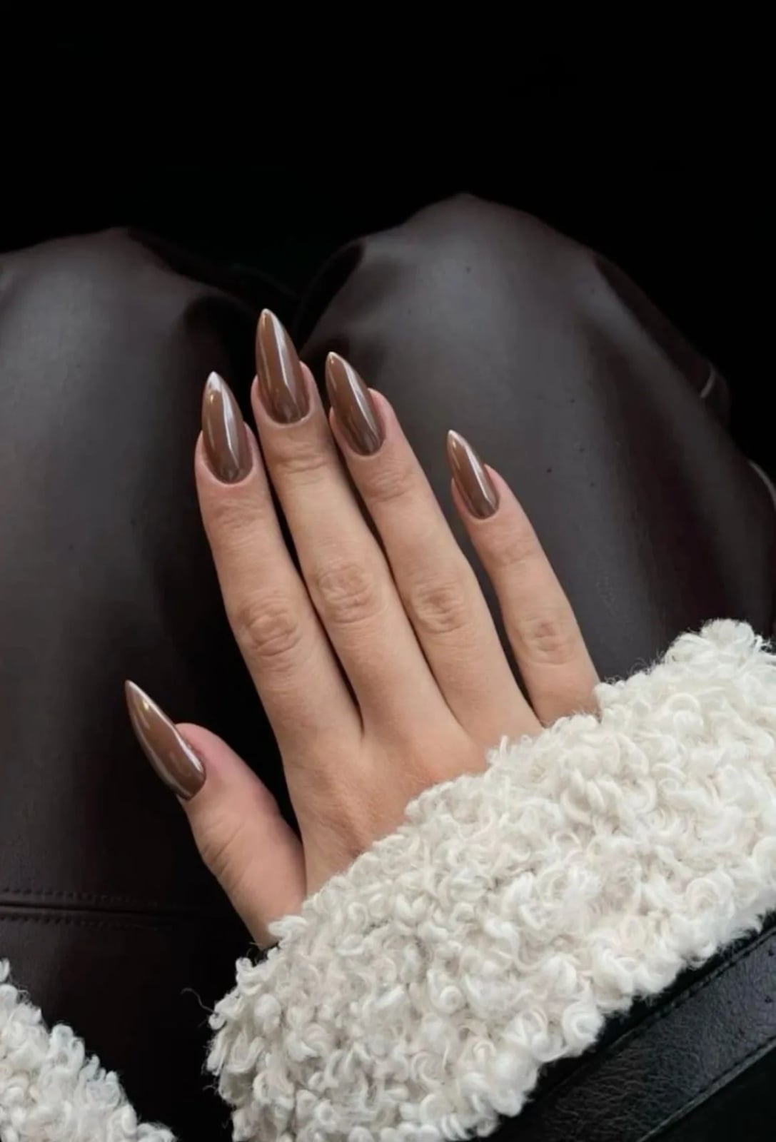 Dark Brown Chrome Stiletto Nails Mirror Finish Dark Brown Chrome Stiletto Nails Mirror Finish — Brown Chrome Nails